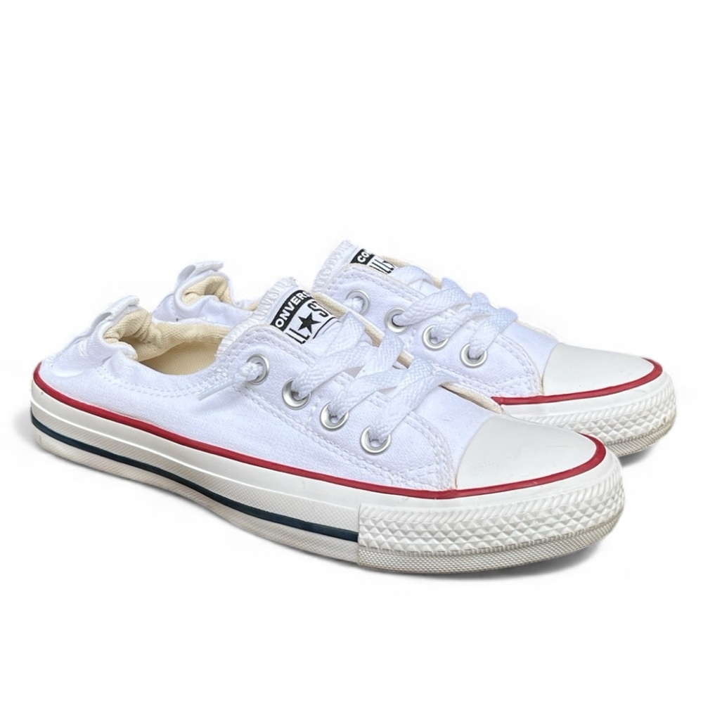 Converse White Sneakers with Red and Navy Stripe - Picture 4 of 13